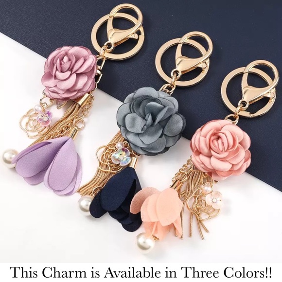 Pink Flower Gold Fringe Pearl Keychain Charm - Picture 13 of 13